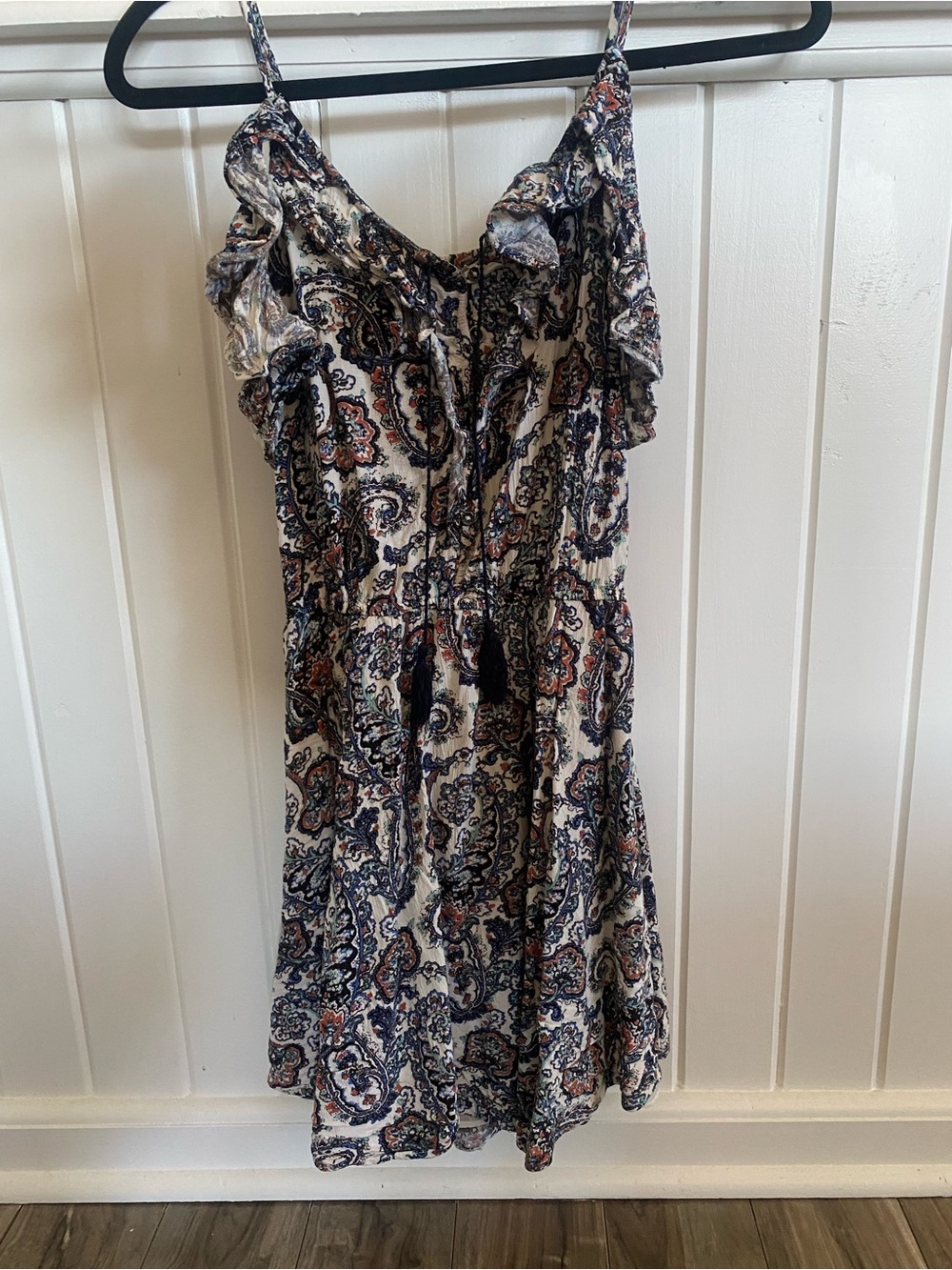 AE Boho Paisley Spaghetti-Strap Dress in Cream and Navy